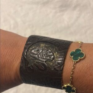 Brown Leather Embossed “C” Cuff Bracelet handmade sign by maker